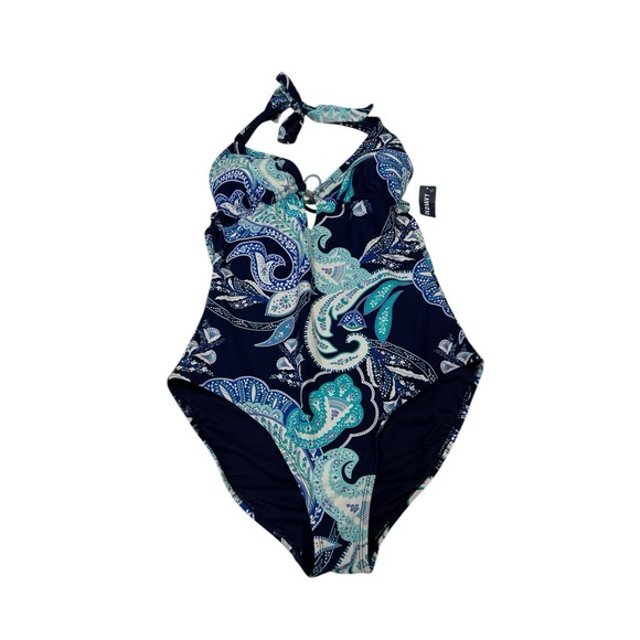 Women's Old Navy One Piece Blue Paisley Neck/tie Size M‎  Bathing Suit NWT - Picture 1 of 6